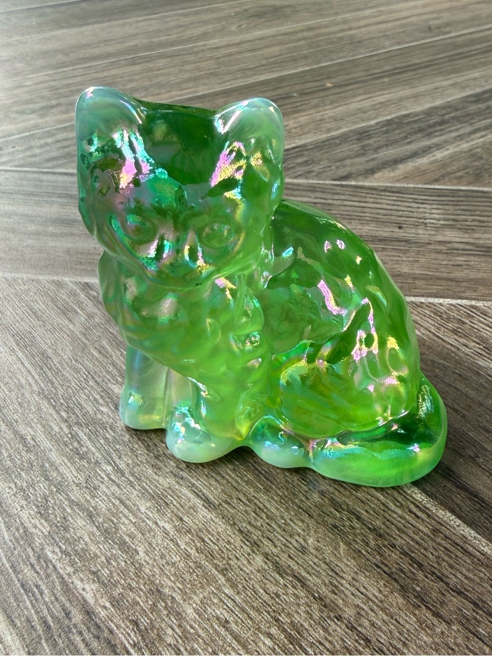 Mosser Green Opalescent Carnival Glass Cat Figurine - Limited Stock